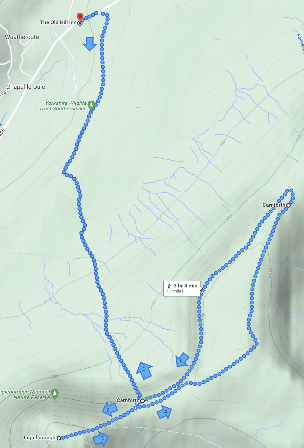 google map of ingleborough walking route