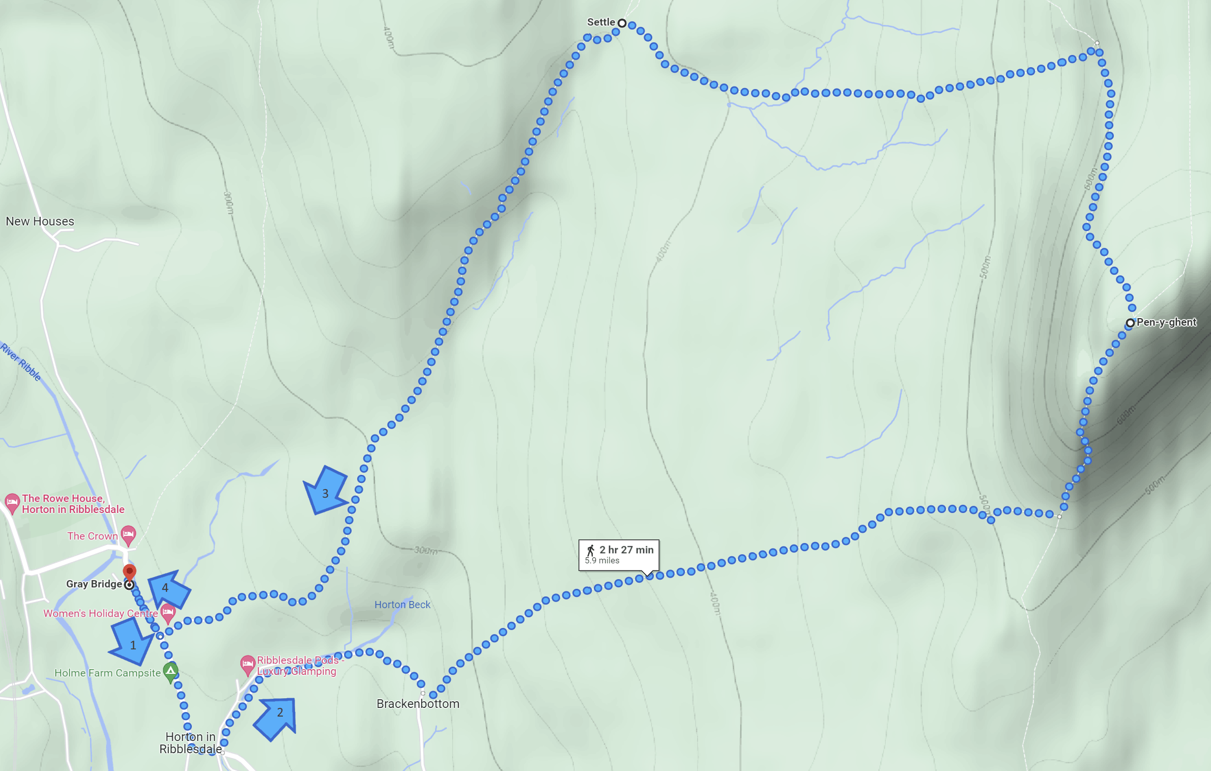 google map of pen-y-ghent walking route