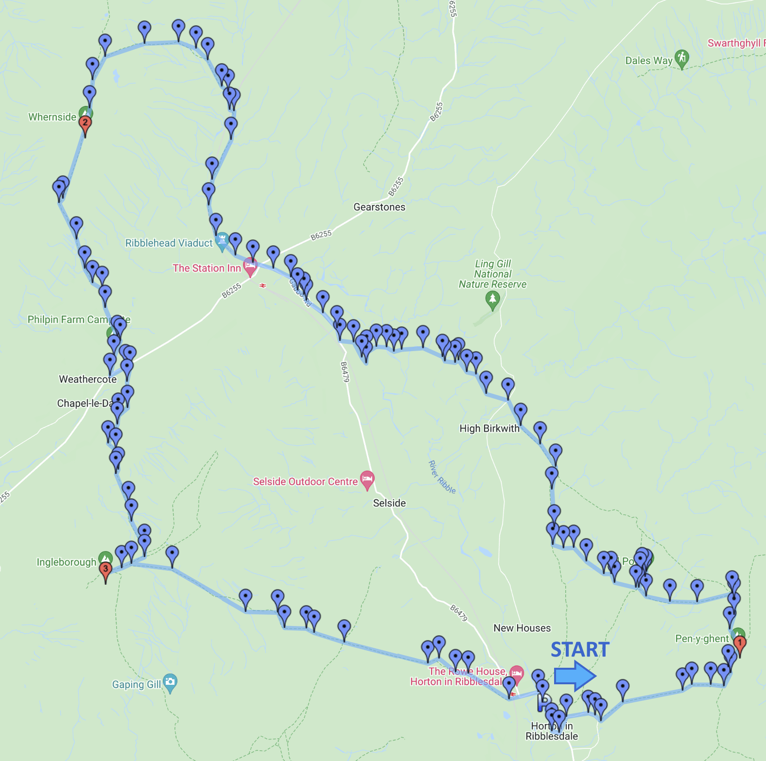 google map of entire three peaks challenge walking route