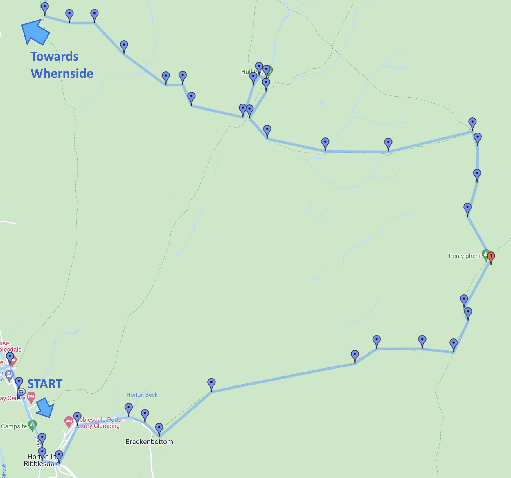 google map of three peak challenge route starting point and stage one