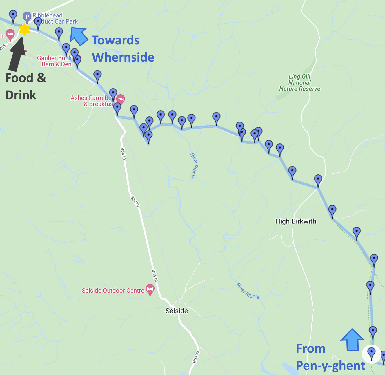 google map of three peak challenge route stage two