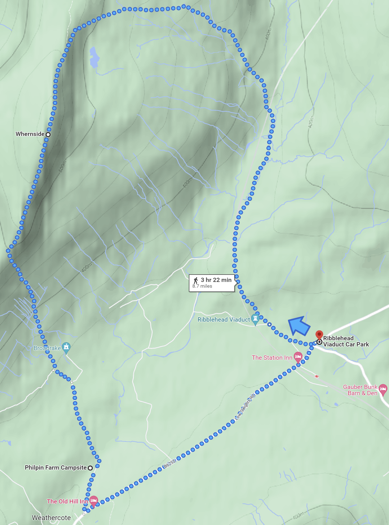 google map of whernside walking route